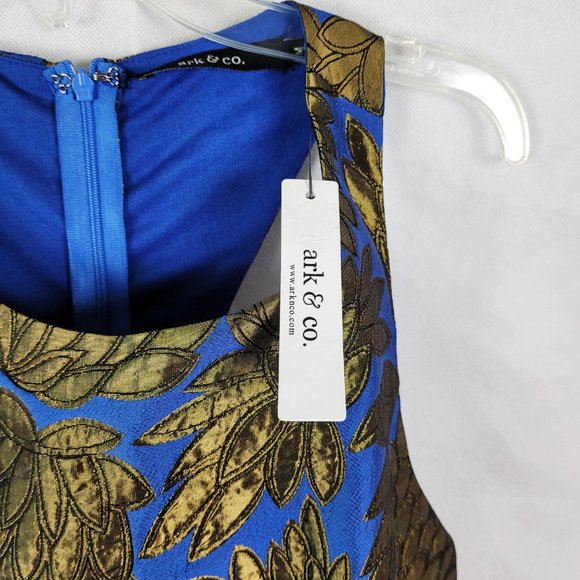 Arc & Co. Women's Dress M Blue Gold Metallic Halter Style Open Back Fit & Flare - Picture 8 of 11